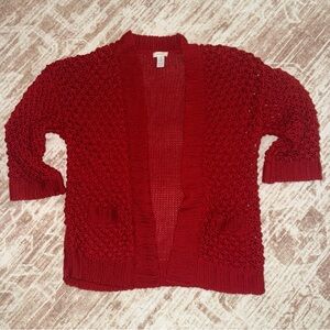 Chico’s Size 1 Burgundy Knit Open Front Cardigan Sweater Pockets